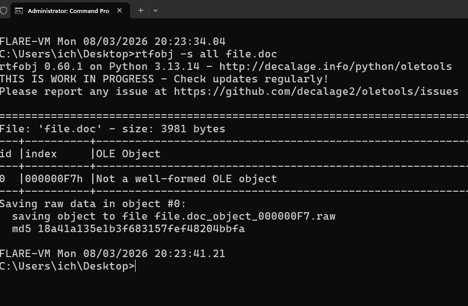 Output dello strumento rtfobj sull'oggetto OLE contenuto nel documento