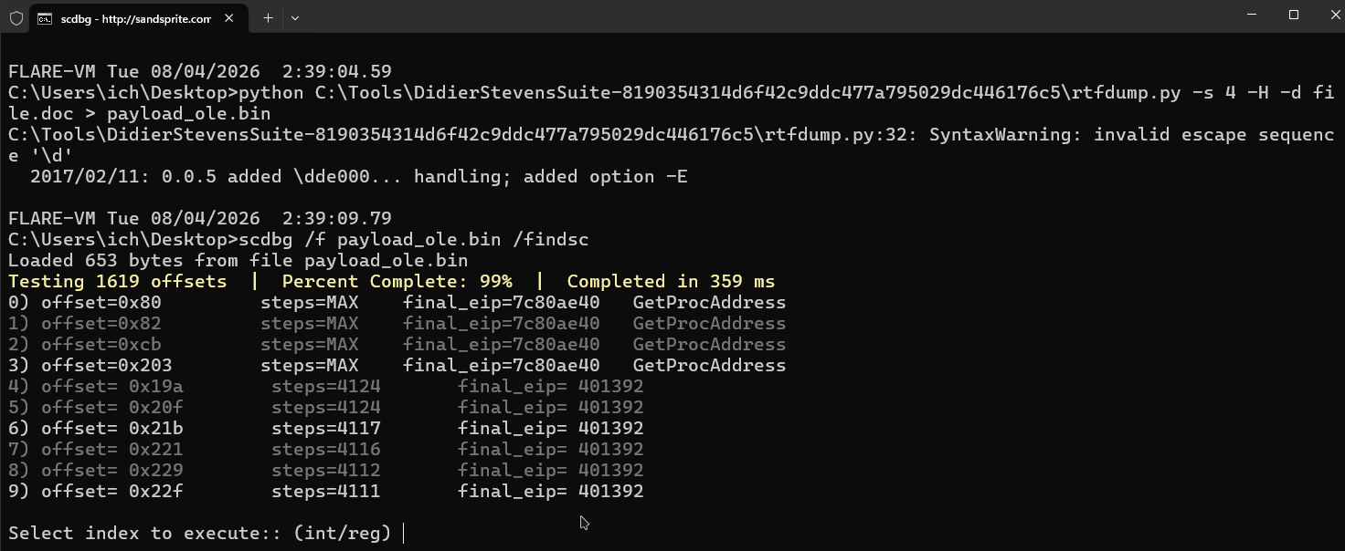 Emulazione dello shellcode con scdbg